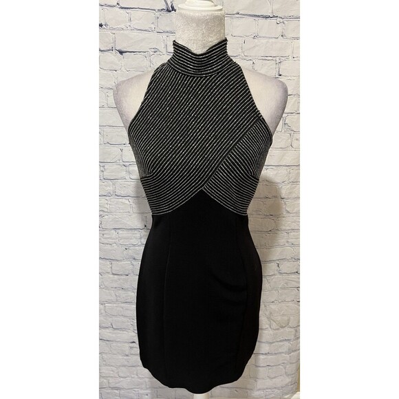 Tadashi Black and Silver Halter Neck Body Con Cocktail Dress Medium Petite - Picture 1 of 7